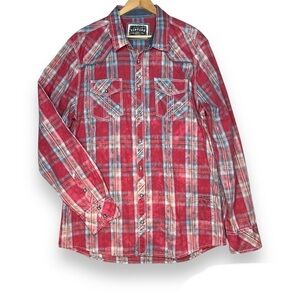 BKE Shirt Mens‎ XL Red Plaid Vintage Standard Fit Western Distressed Chambray